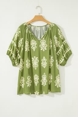 image-Yellow Floral Boho Chic Top - Plus Size Notched V-Neck Short Sleeve