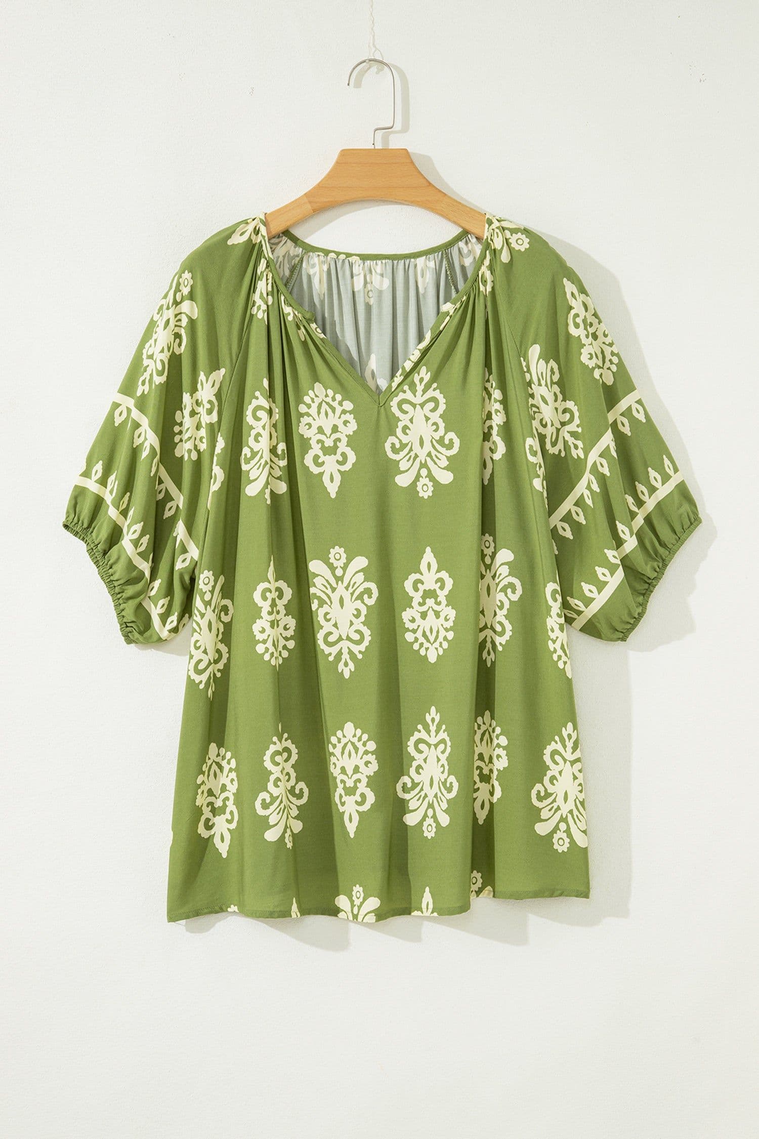 image-Yellow Floral Boho Chic Top - Plus Size Notched V-Neck Short Sleeve