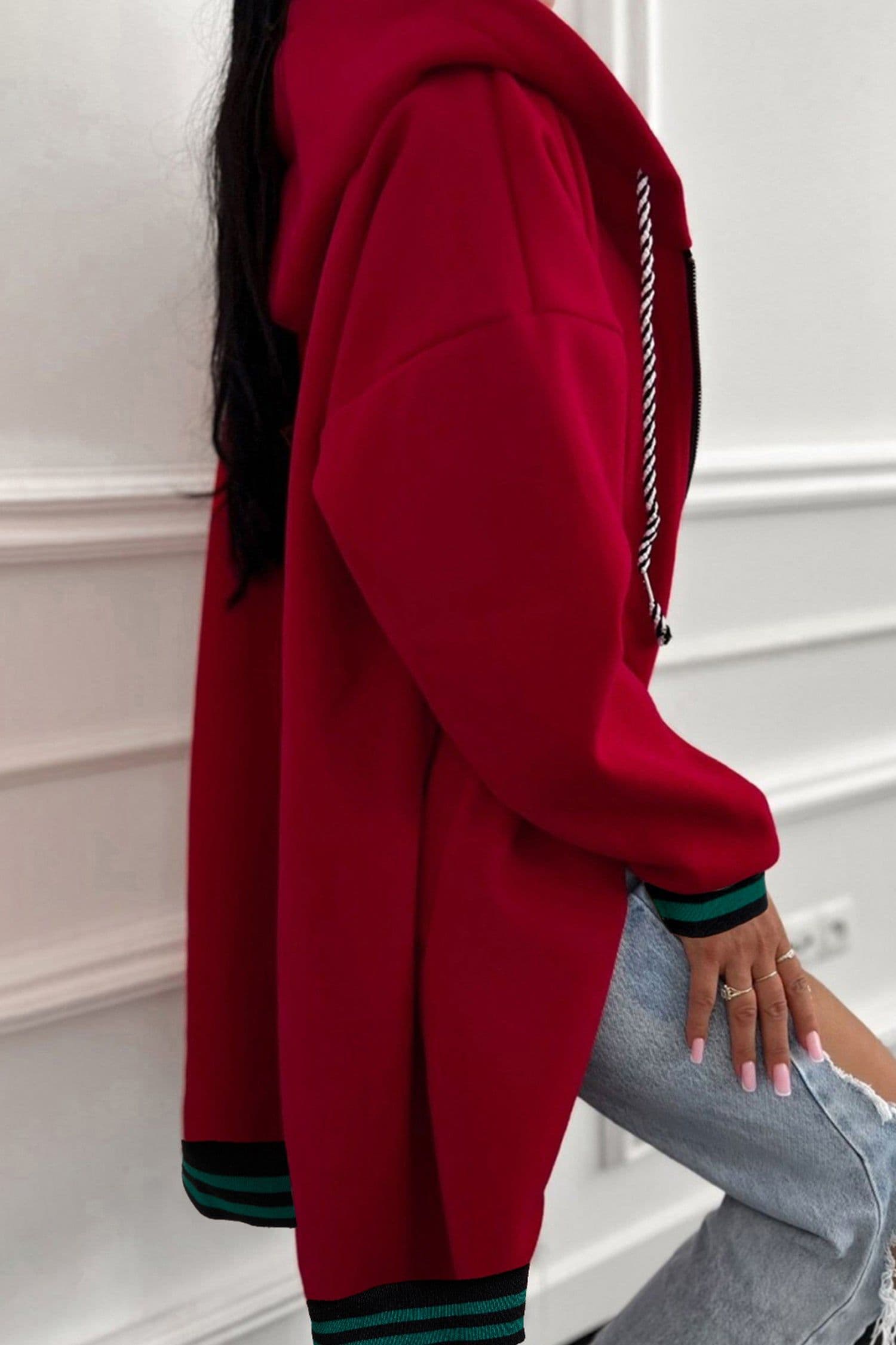 image-Racing Red Contrast Cuff Drop Shoulder Zip Hoodie