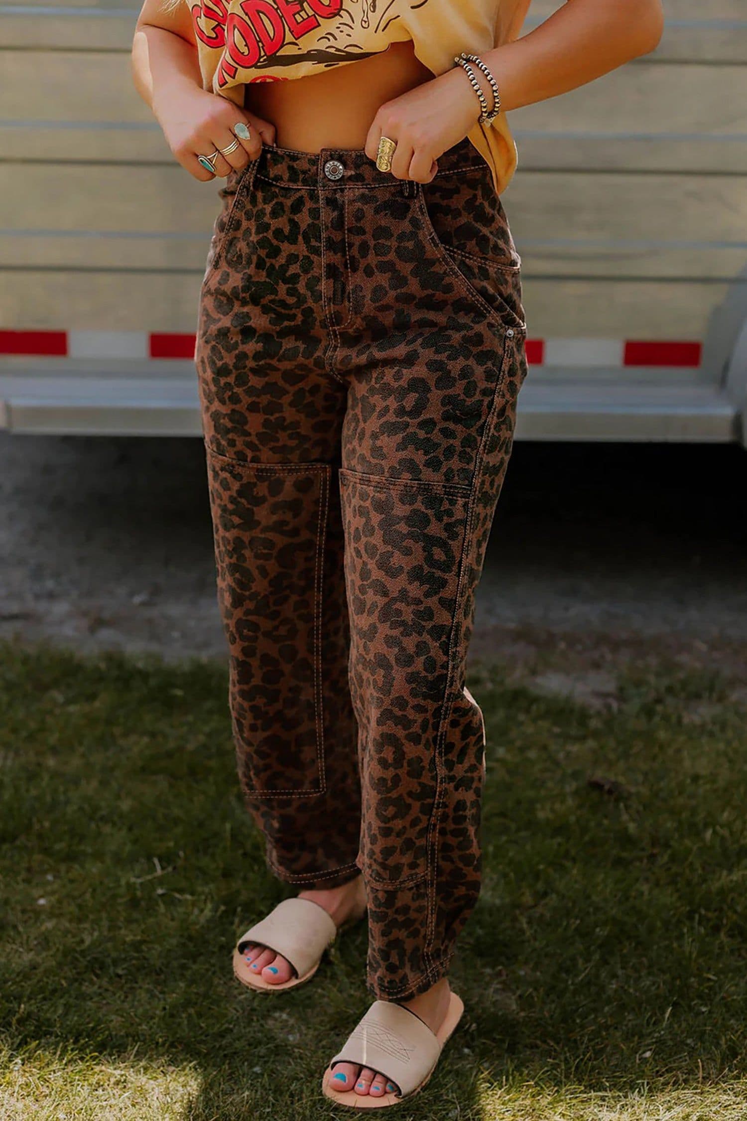image-Brown Leopard Print Barrel Jeans - High Rise