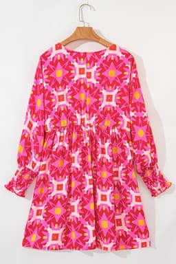 image-Strawberry Pink Geometric Print Smocked Long Sleeve Mini Dress
