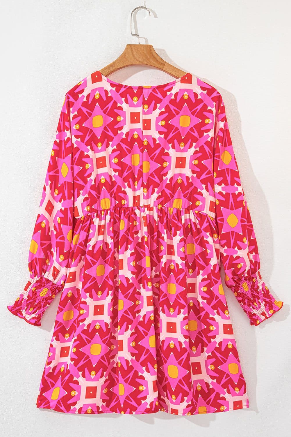image-Strawberry Pink Geometric Print Smocked Long Sleeve Mini Dress