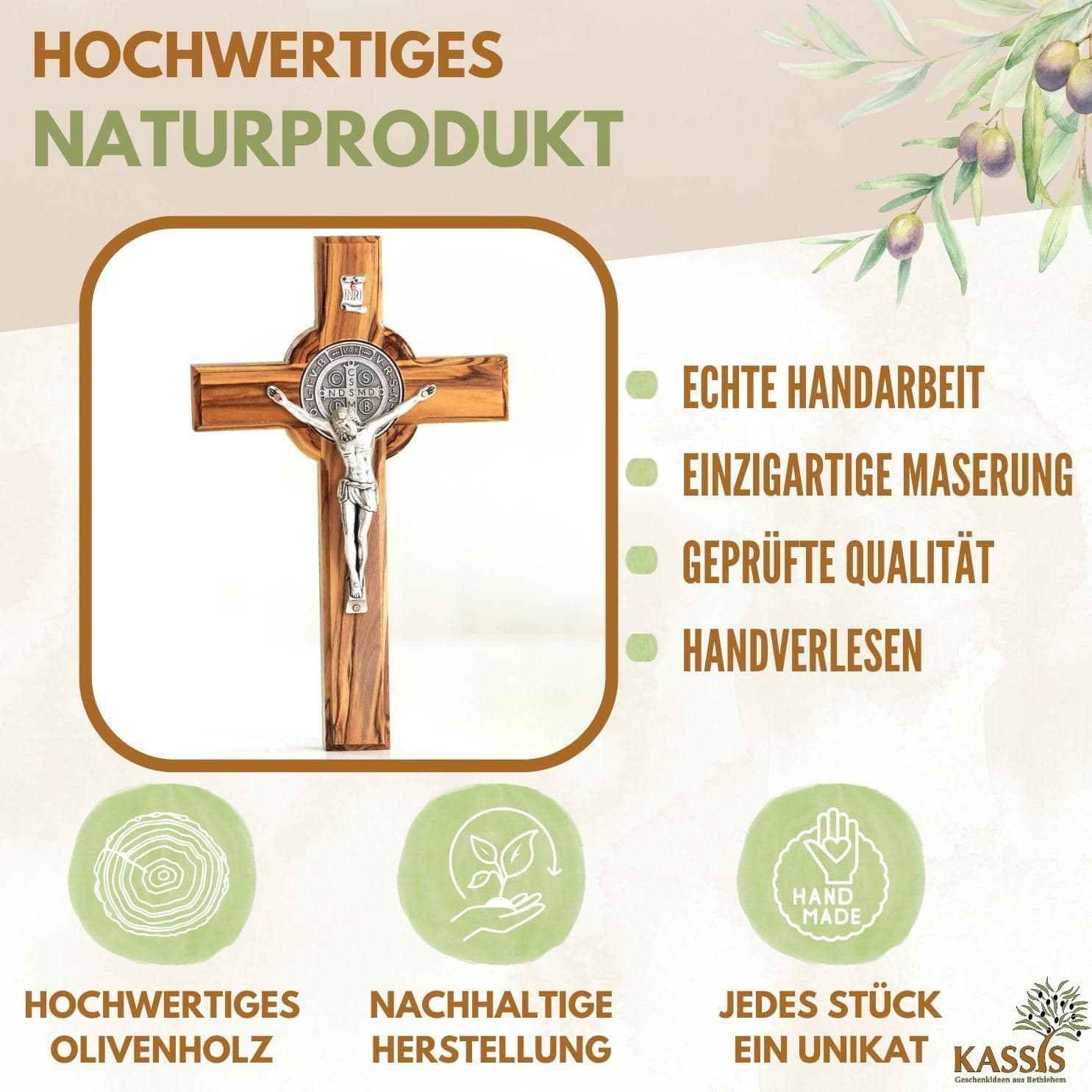 image-St. Benedict Olive Wood Wall Cross - Handmade Religious Gift