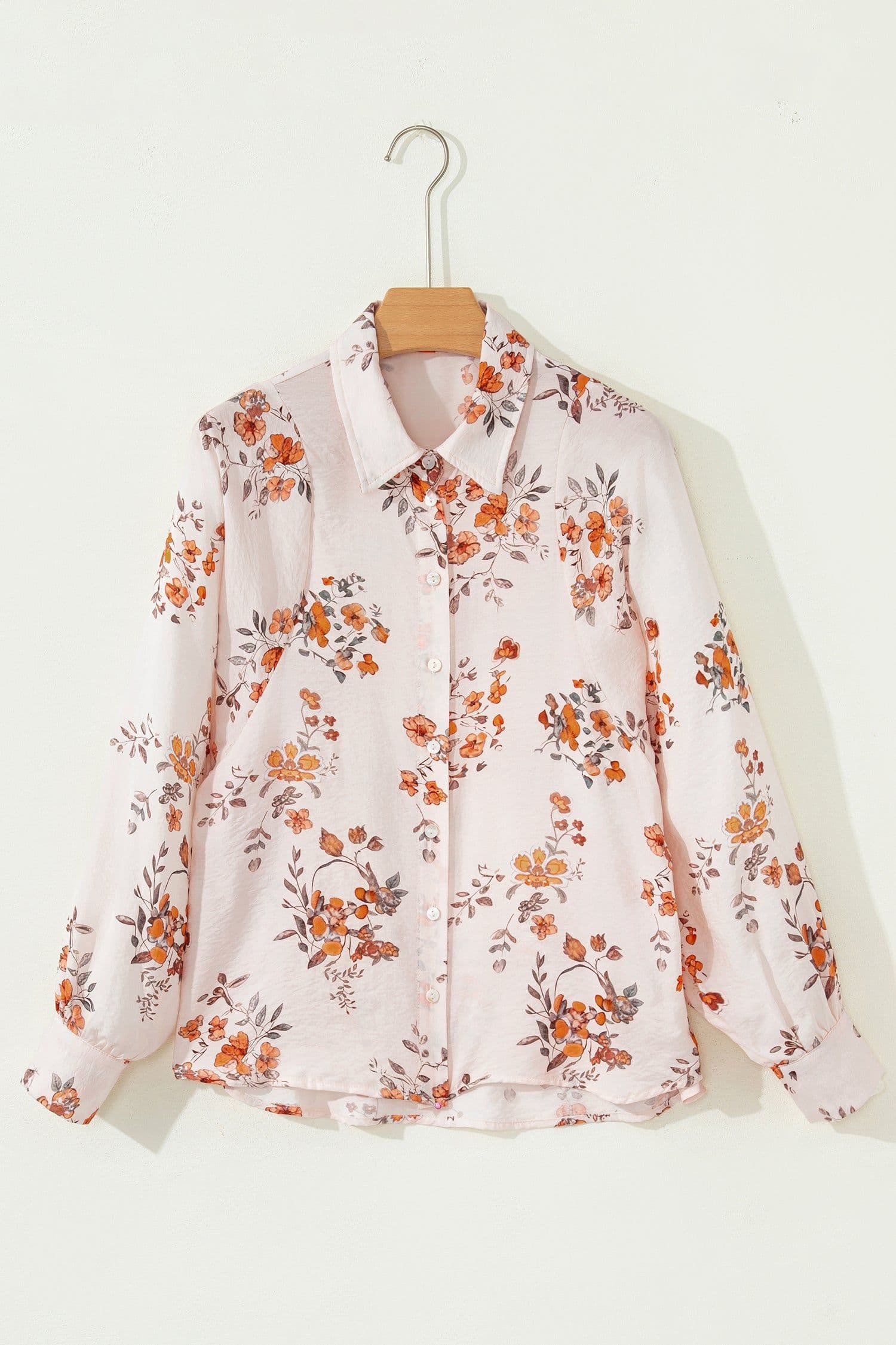 image-Apricot Floral Printed Silky Button Up Long Sleeve Shirt