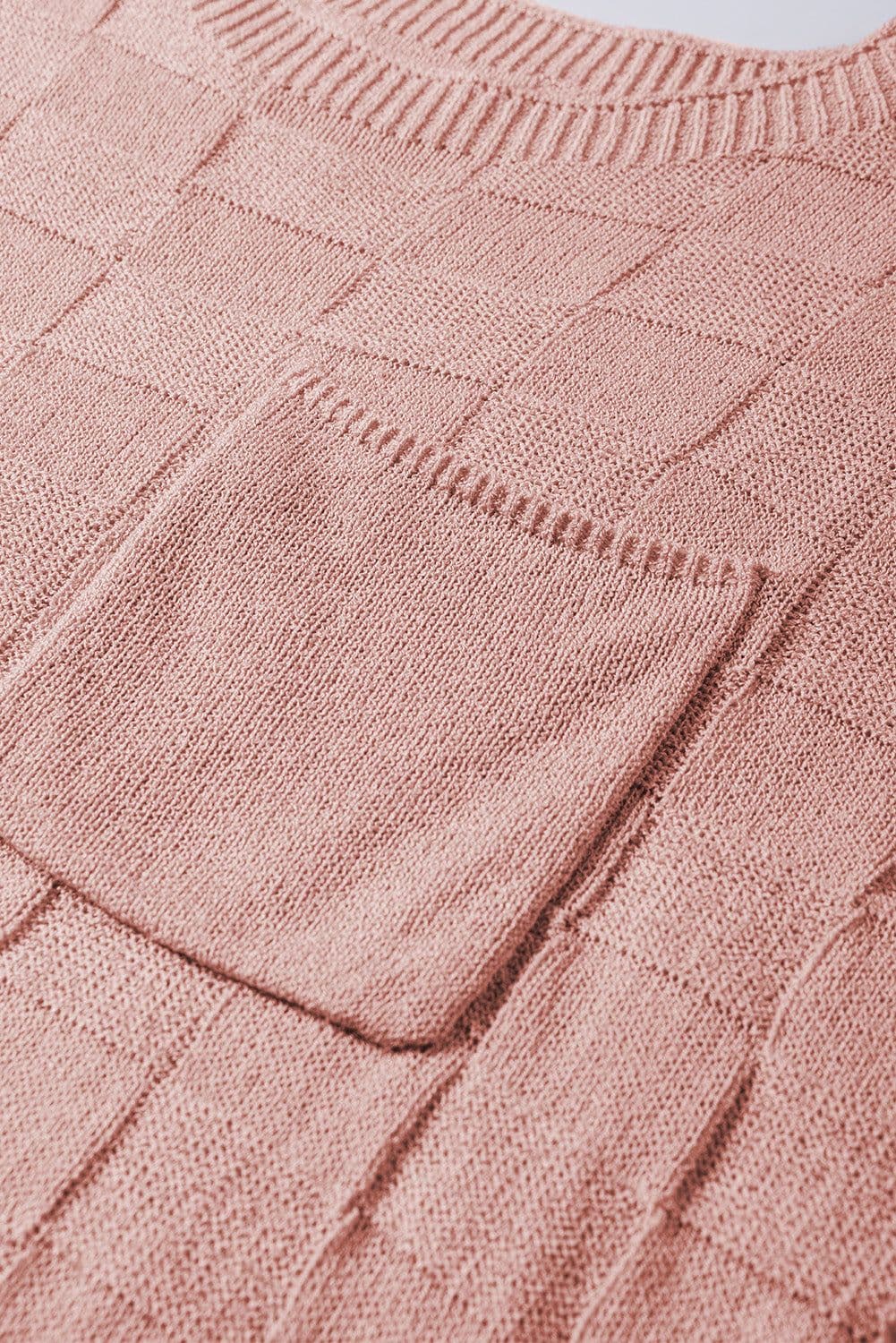 image-Pink Lattice Textured Knit Short Sleeve Sweater - Sizes S-3XL