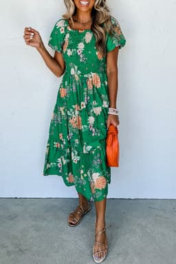 image-Floral Print Bubble Sleeve Midi Dress - Tiered Smocked Design (59 characters)