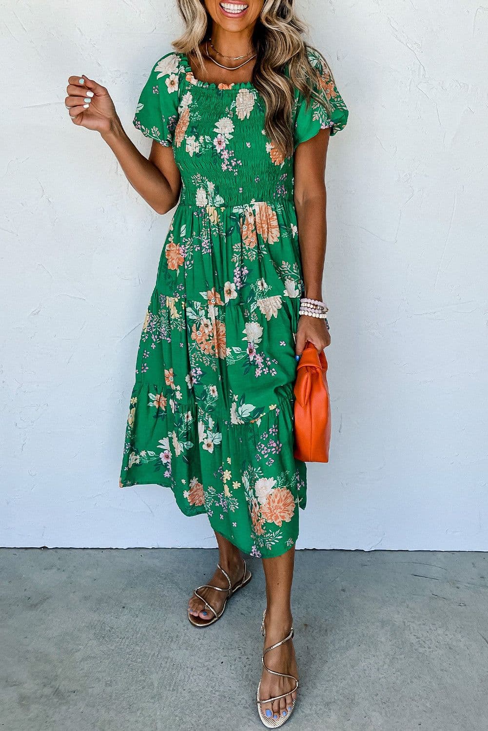 image-Floral Print Bubble Sleeve Midi Dress - Tiered Smocked Design (59 characters)