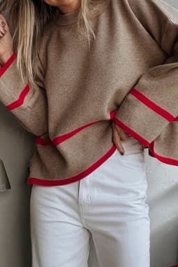 image-Simply Taupe Ribbed Knit Contrasted Stripe Detail Button Side Loose Sweater