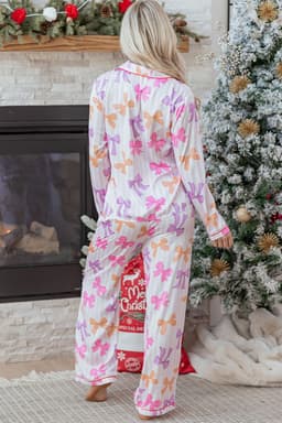 image-Pink Striped Bow Print Pajama Set - Piped Trim 2PC