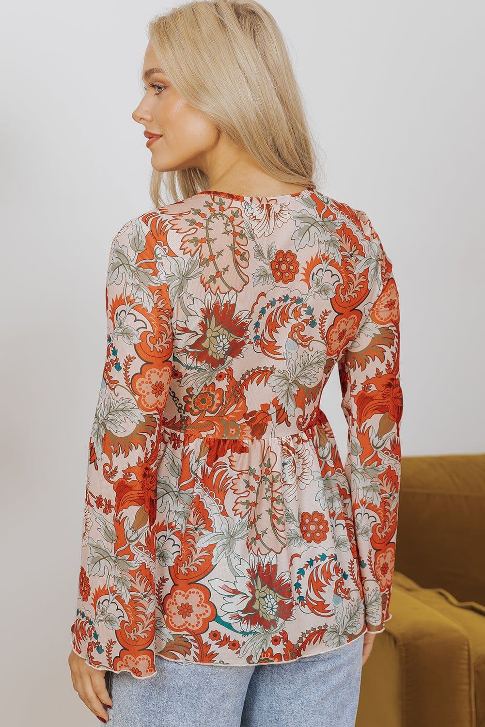 image-Floral Print Deep V Neck Knot Bell Sleeve Blouse - Orange