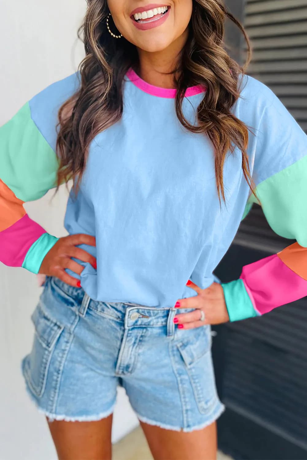 image-Dark Blue Colorblock Patchwork Long Sleeve Loose Top
