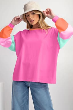 image-Dark Blue Colorblock Patchwork Long Sleeve Loose Top