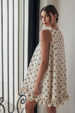 image-White Bow Checker Pearled Buttons Ruffled Mini Dress