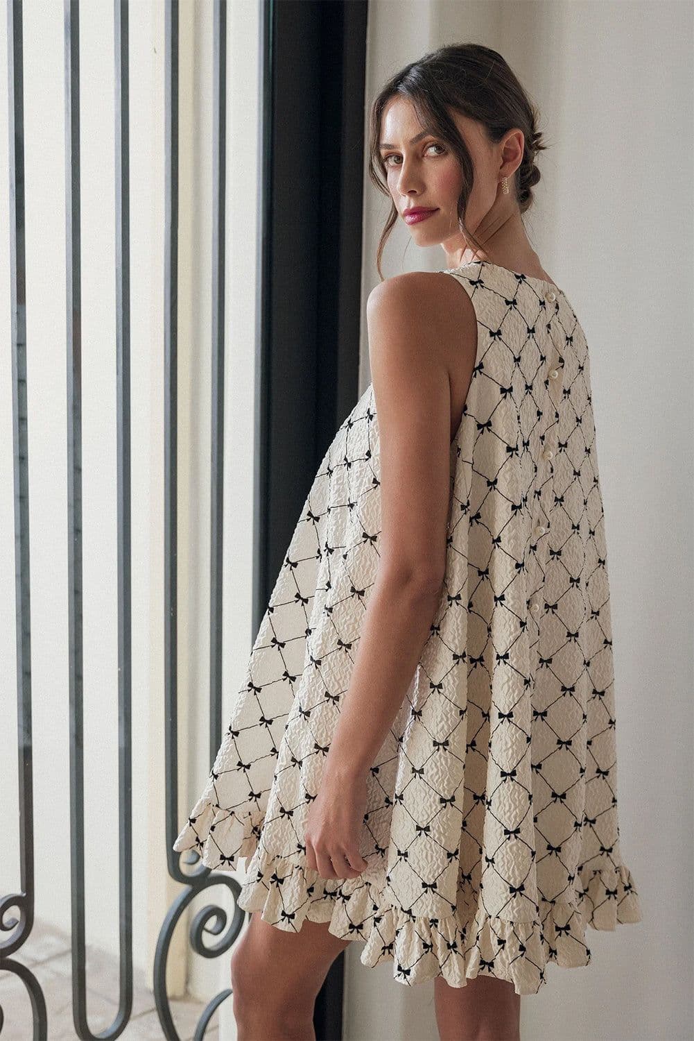 image-White Bow Checker Pearled Buttons Ruffled Mini Dress