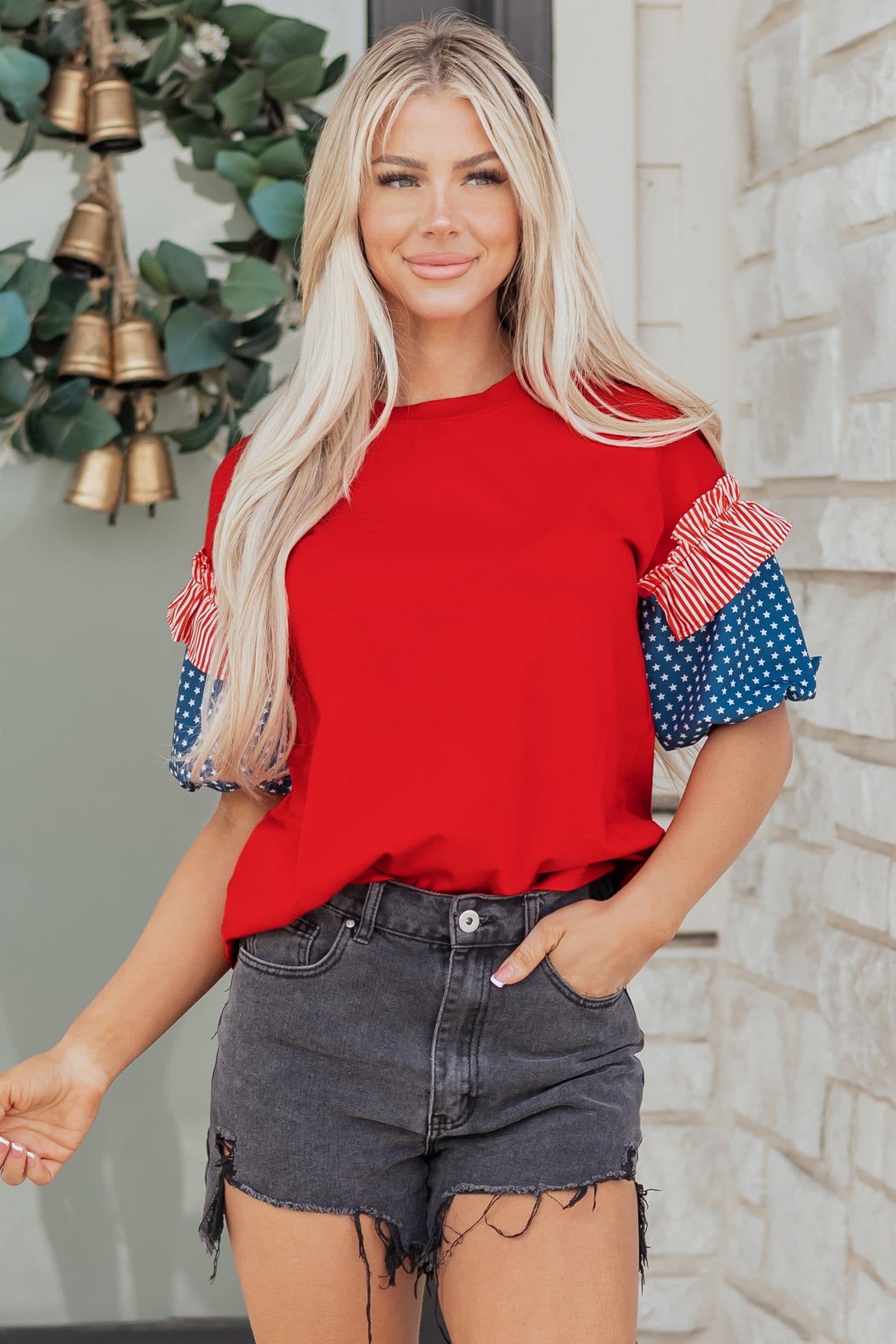 image-Beau Blue Stars Stripes Short Puff Sleeve Top
