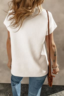 image-White Textured V Neck Collared Short Sleeve Top