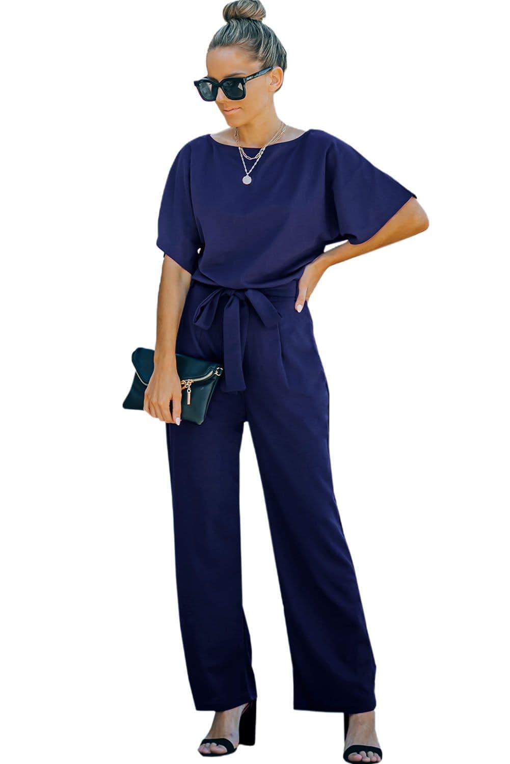 image-Black Belted Wide Leg Jumpsuit