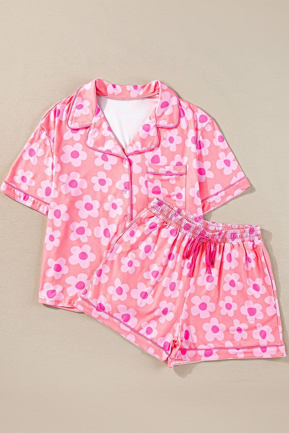 image-Green Flower Print Short Sleeve Pajamas Set