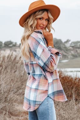 image-Shacket with Pink/Black Plaid Flap Pockets - Chic Style, Loose Fit (65 characters)