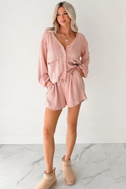 image-Gossamer Pink Cable Knit V Neck Cardigan Shorts Set