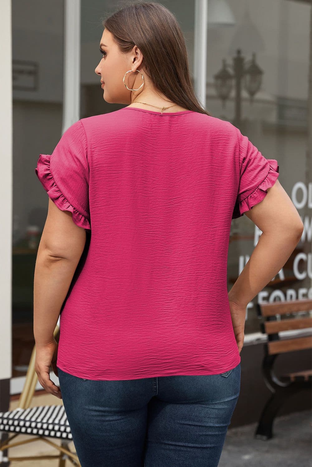 image-Bright Pink Ruffled Short Sleeve Plus Size Top