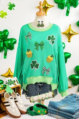 image-Bright Green Twisted Rib St Patricks Day Sequin Patch Graphic Long Sleeve Top