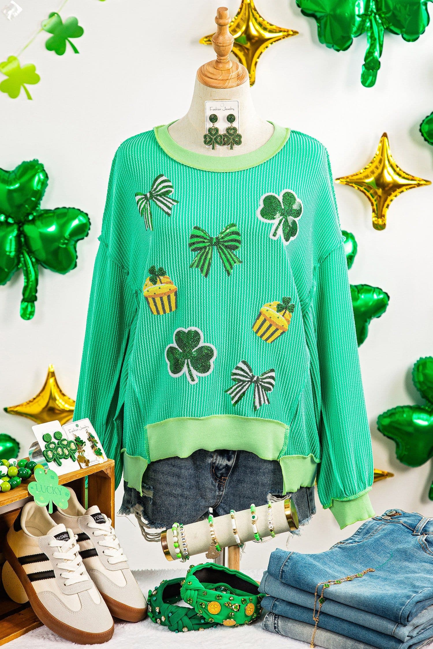 image-Bright Green Twisted Rib St Patricks Day Sequin Patch Graphic Long Sleeve Top