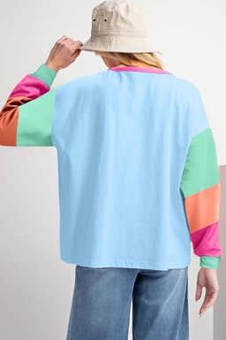 image-Dark Blue Colorblock Patchwork Long Sleeve Loose Top