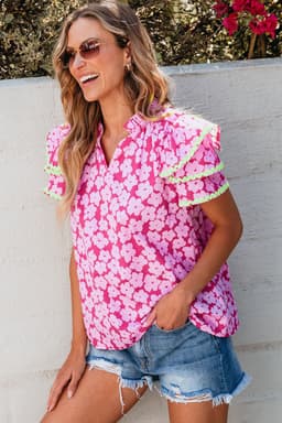 image-Pink Floral Ruffle Sleeve Blouse - Layered Contrast Ric Rac