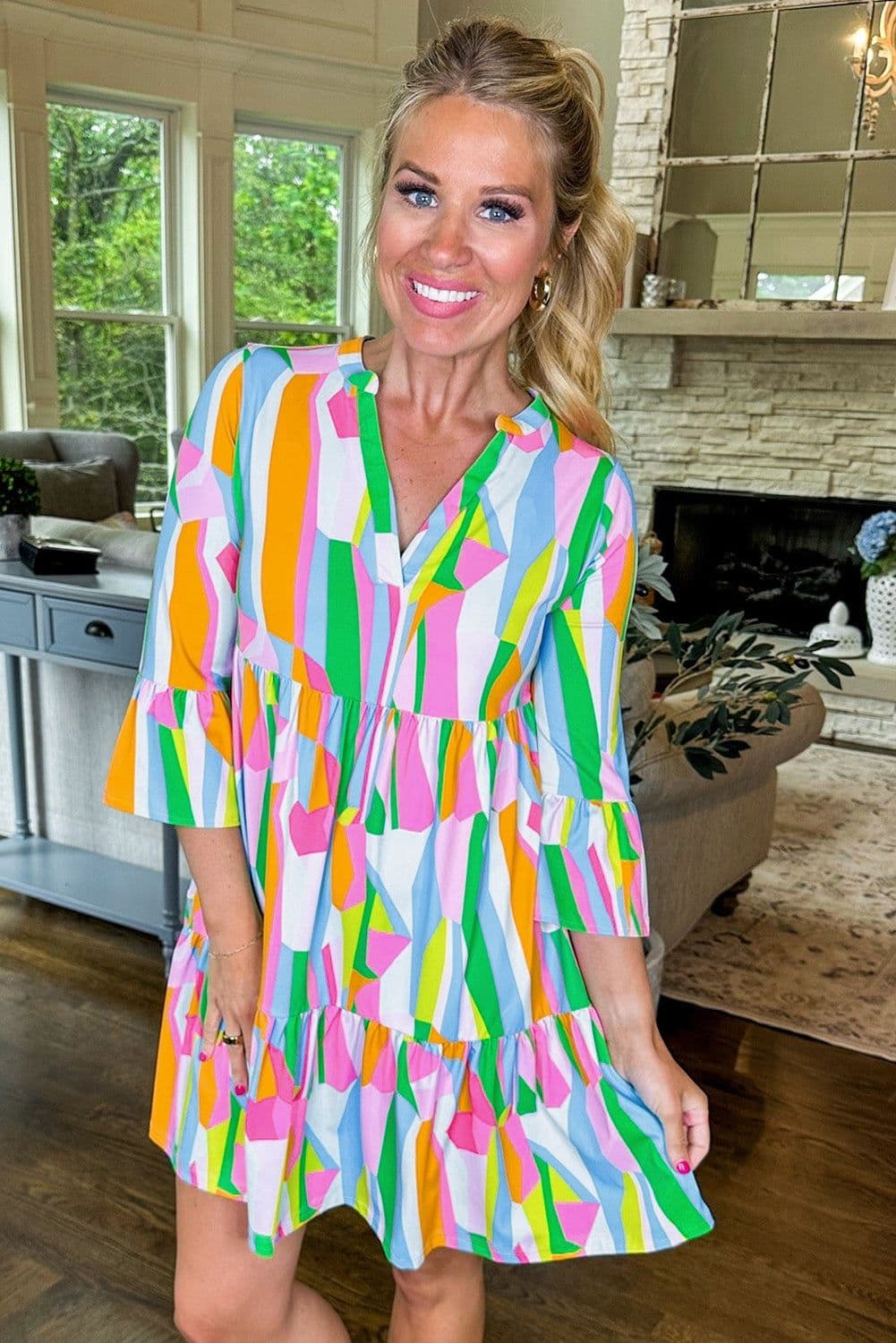image-Green Abstract Print Ruffled Sleeve V Neck Dress