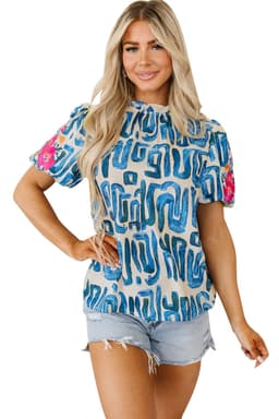 image-Beige Embroidered Puff Sleeve Top with Frilled Neck (54 characters)