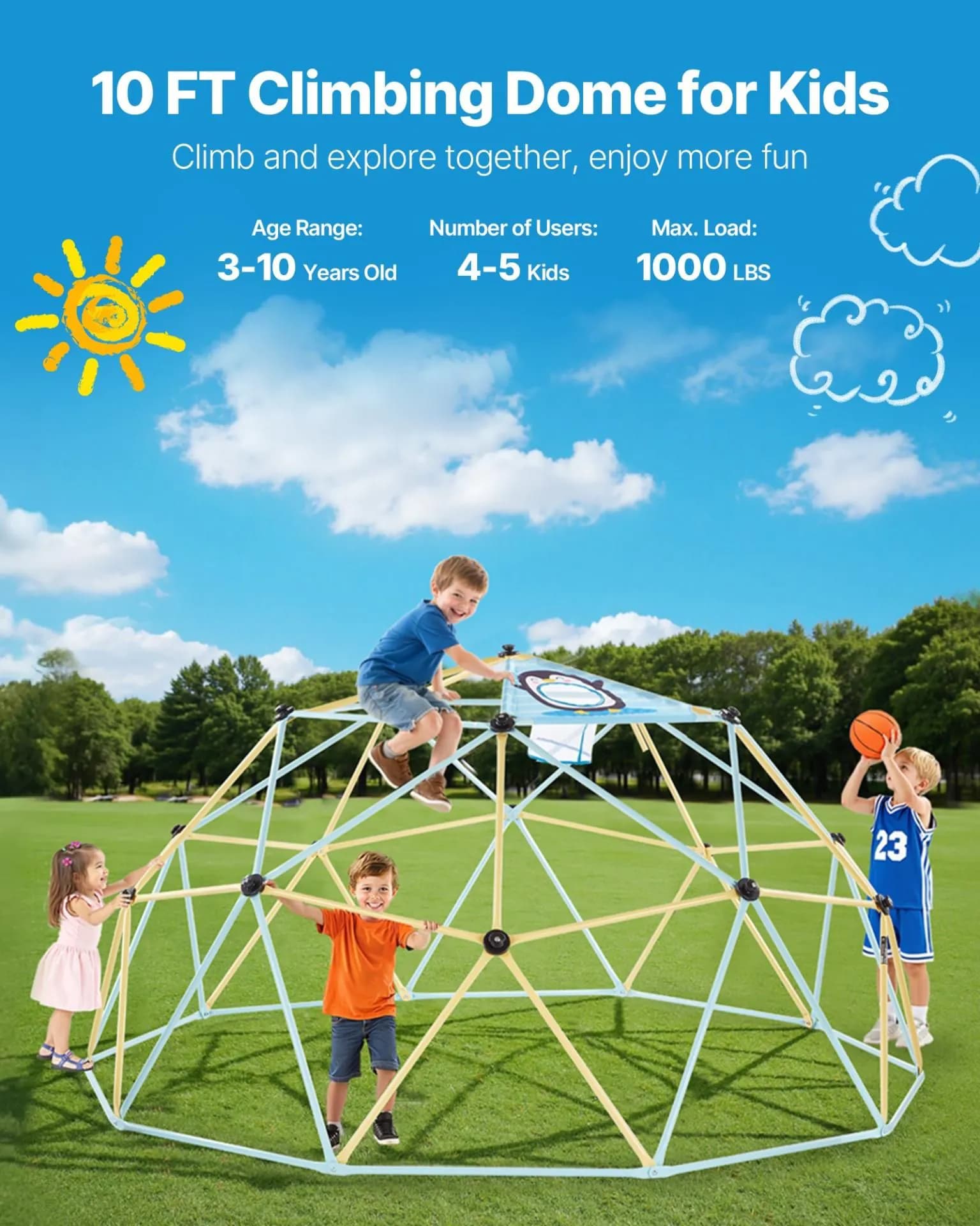 image-VEVOR Climbing Dome, 10FT Geometric Dome Climber, 1000LBS Loading Jungle Gym Playground with 2 Basketballs & Octopus Net, Easy-Assembly Outdoor Backyard Climbing Equipment for Kids 3 to 10 Years Old