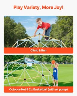 image-VEVOR Climbing Dome, 10FT Geometric Dome Climber, 1000LBS Loading Jungle Gym Playground with 2 Basketballs & Octopus Net, Easy-Assembly Outdoor Backyard Climbing Equipment for Kids 3 to 10 Years Old