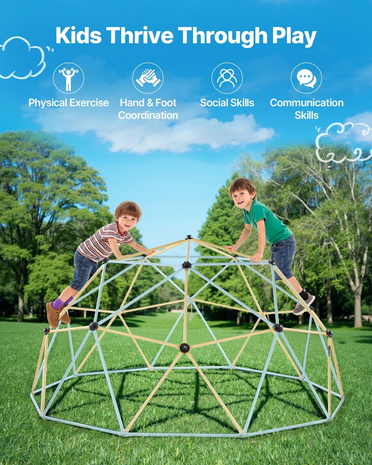 image-VEVOR Climbing Dome, 10FT Geometric Dome Climber, 1000LBS Loading Jungle Gym Playground with 2 Basketballs & Octopus Net, Easy-Assembly Outdoor Backyard Climbing Equipment for Kids 3 to 10 Years Old