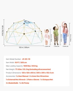 image-VEVOR Climbing Dome, 10FT Geometric Dome Climber, 1000LBS Loading Jungle Gym Playground with 2 Basketballs & Octopus Net, Easy-Assembly Outdoor Backyard Climbing Equipment for Kids 3 to 10 Years Old
