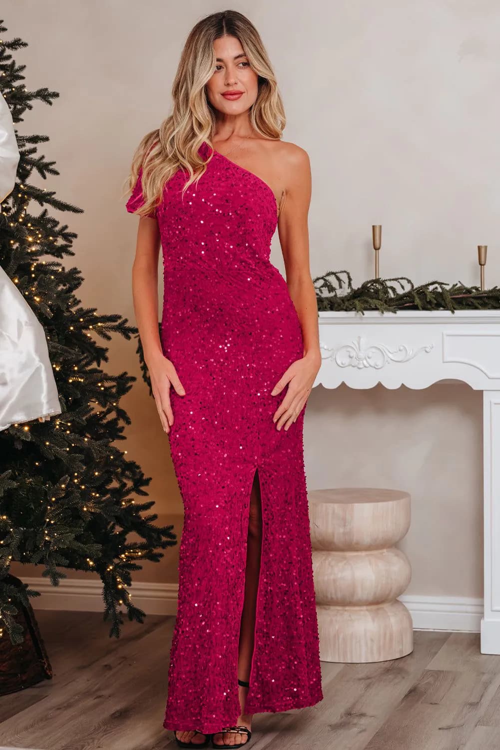 image-Pitaya Pink One Shoulder Sequin Gown Split