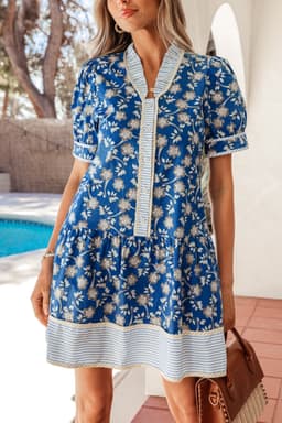 image-Blue Striped Trim Floral Dress Short Sleeve