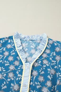 image-Blue Plus Size Floral Print Striped Patchwork Detail Button Front Ruffle Hem Dress