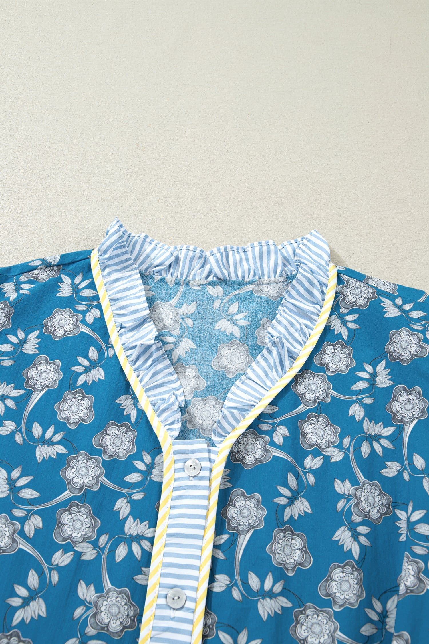 image-Blue Plus Size Floral Print Striped Patchwork Detail Button Front Ruffle Hem Dress