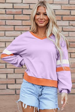 image-Orchid Bouquet Contrast Rib Knit Patchwork Drop Shoulder V Neck Sweatshirt