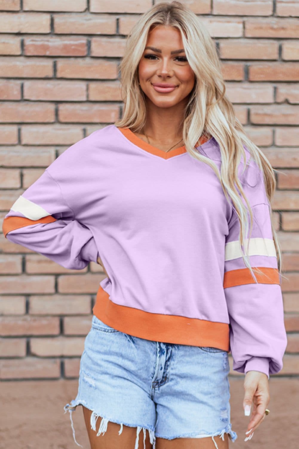 image-Orchid Bouquet Contrast Rib Knit Patchwork Drop Shoulder V Neck Sweatshirt