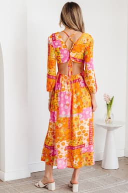 image-Orange Floral Patchwork Maxi Dress - Cutout Tie Back
