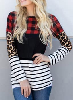 image-Plaid Print Leopard Splicing Striped Color Block Long Sleeve Top