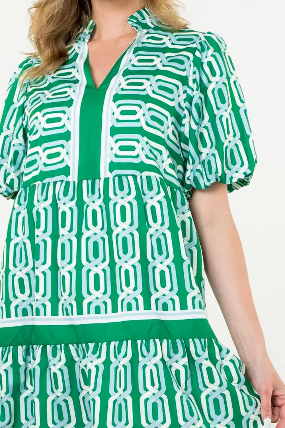 image-Bright Green Abstract Patterned V Neck Puff Short Sleeve Mini Dress