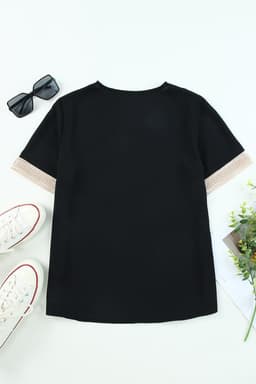 image-Black Lace Trim V-Neck Short Sleeve Blouse - Size Chart Available
