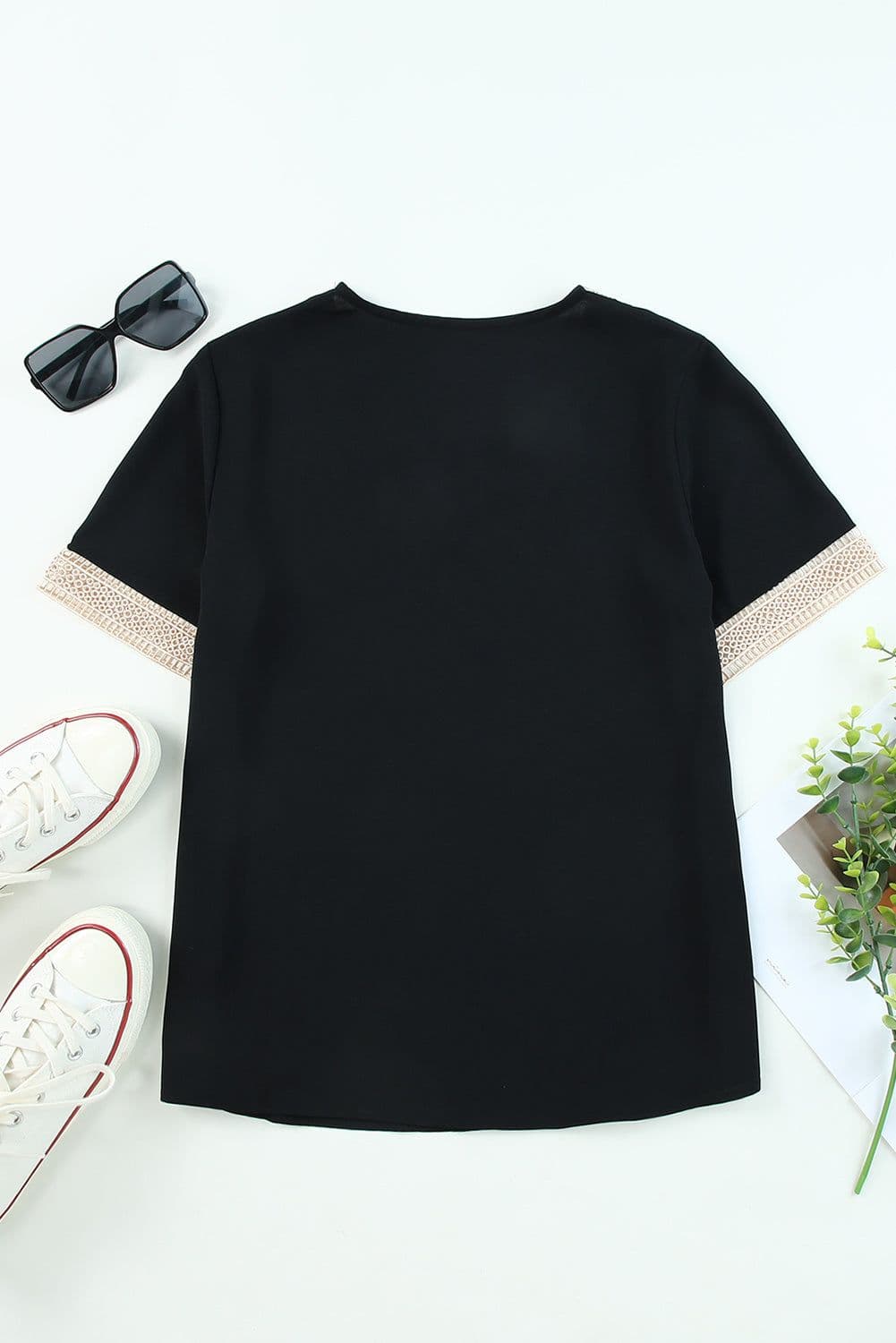 image-Black Lace Trim V-Neck Short Sleeve Blouse - Size Chart Available