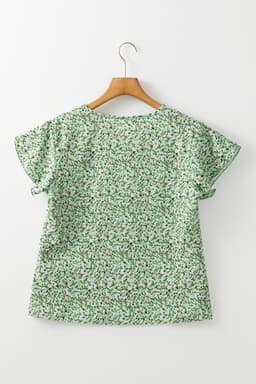 image-Green Boho Floral V Neck Wrap Short Sleeve Blouse