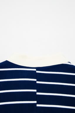 image-Blue Stripe Stand Collar V Neck Elastic Cuffs Half Sleeve Dolman Top