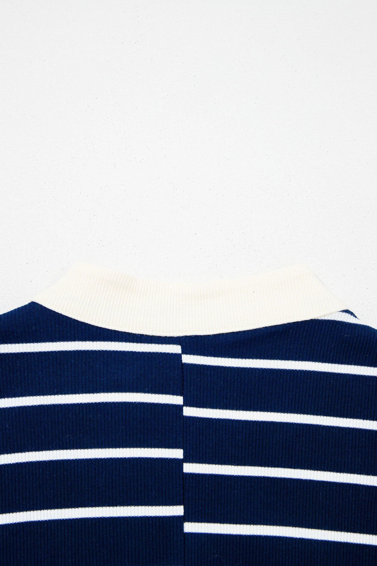 image-Blue Stripe Stand Collar V Neck Elastic Cuffs Half Sleeve Dolman Top