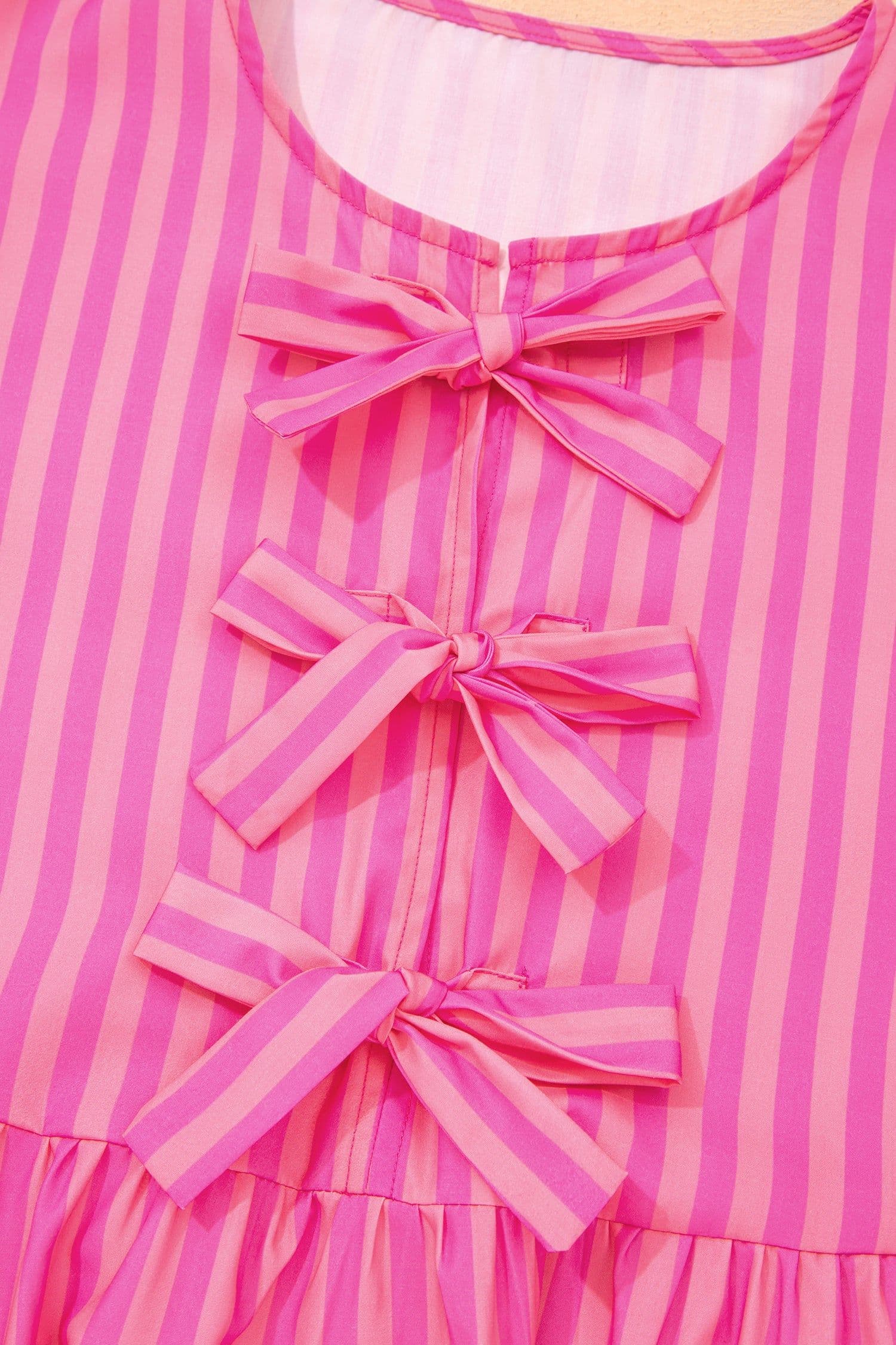 image-Rose Striped Print Bow Detail Short Puff Sleeve Mini Dress